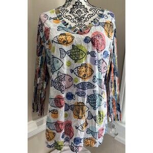 Shana Artsy Crinkle Tunic Top Fish All Over Print Lagenlook Womens XL Whimsical